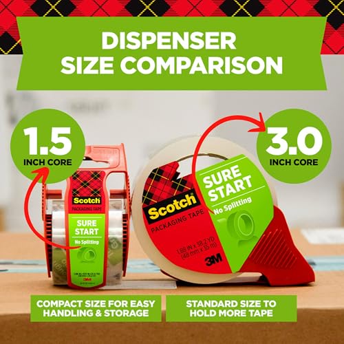 Scotch Sure Start Shipping Packaging Tape, 1.88"x 22.2 yd, Designed for Packing, Shipping and Mailing, Quiet Unwind, No Splitting or Tearing, 1.5" Core, Clear, 6 Dispensered Rolls (145-6)