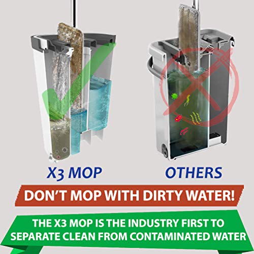 X3 Flat Floor Mop and Bucket Set, Separates Dirty and Clean Water, 3-Chamber Design, Hands Free Home Floor Cleaning, 3 Reusable Microfiber Mop Pads Included