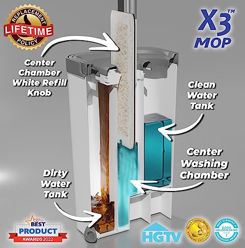 X3 Flat Floor Mop and Bucket Set, Separates Dirty and Clean Water, 3-Chamber Design, Hands Free Home Floor Cleaning, 3 Reusable Microfiber Mop Pads Included
