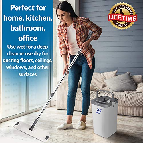 X3 Flat Floor Mop and Bucket Set, Separates Dirty and Clean Water, 3-Chamber Design, Hands Free Home Floor Cleaning, 3 Reusable Microfiber Mop Pads Included