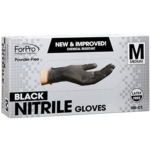 ForPro Disposable Nitrile Gloves, Chemical Resistant, Powder-Free, Latex-Free, Non-Sterile, Food Safe, 4 Mil, Black, Medium, 100-Count