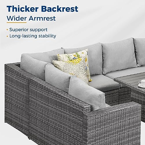 Wisteria Lane Outdoor Patio Furniture Set, 7 Piece Outdoor Dining Sectional Sofa with Dining Table and Chair, All Weather Wicker Conversation Set with Ottoman, Grey