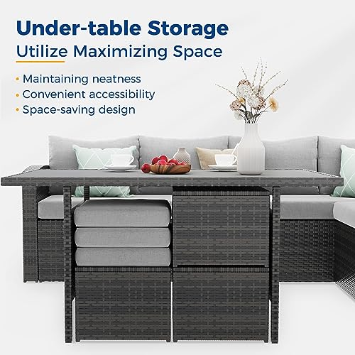 Wisteria Lane Outdoor Patio Furniture Set, 7 Piece Outdoor Dining Sectional Sofa with Dining Table and Chair, All Weather Wicker Conversation Set with Ottoman, Grey