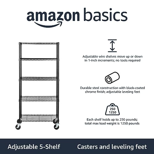 Amazon Basics 5-Shelf Adjustable, Heavy Duty Storage Shelving Unit on 4'' Wheel Casters, Metal Organizer Wire Rack, Black (30L x 14W x 64.75H)