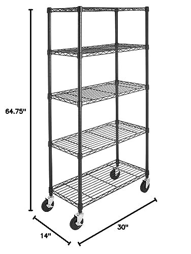 Amazon Basics 5-Shelf Adjustable, Heavy Duty Storage Shelving Unit on 4'' Wheel Casters, Metal Organizer Wire Rack, Black (30L x 14W x 64.75H)
