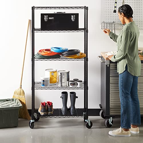 Amazon Basics 5-Shelf Adjustable, Heavy Duty Storage Shelving Unit on 4'' Wheel Casters, Metal Organizer Wire Rack, Black (30L x 14W x 64.75H)