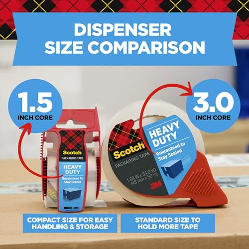 Scotch Heavy Duty Packaging Tape, 1.88" x 22.2 yd, Designed for Packing, Shipping and Mailing, Strong Seal on All Box Types, 1.5" Core, Clear, 6 Rolls with Dispenser (142-6)