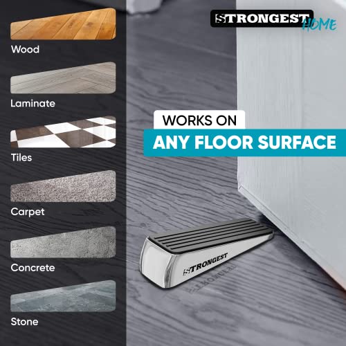 Strongest Door Stopper, Heavy Duty Door Stop Wedge Made of Premium Quality Zinc and Rubber Suits Any Door, Any Floor. Set of 2 Plus Bonus Self Adhesive Wall Protectors