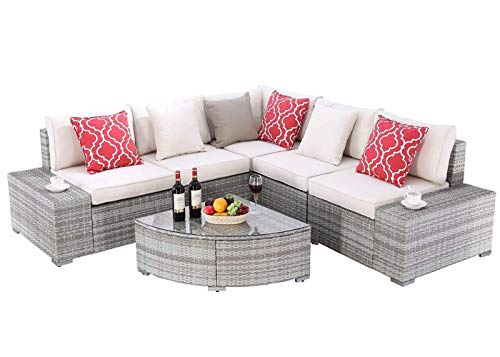 Do4U 6 Pieces Patio Furniture Set Outdoor Conversation Set Lawn Backyard Poolside PE Wicker Rattan Steel Frame Sectional Cushioned Seat Sofa Conversation Set