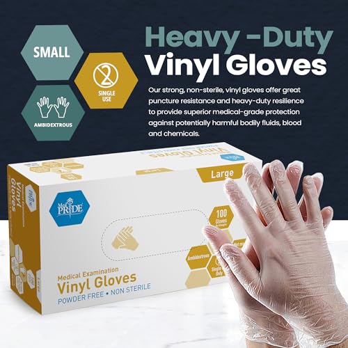 Med PRIDE Medical Vinyl Examination Gloves (Large, 100-Count) Latex Free Rubber | Disposable, Ultra-Strong, Clear | Fluid, Blood, Exam, Healthcare, Food Handling Use | No Powder