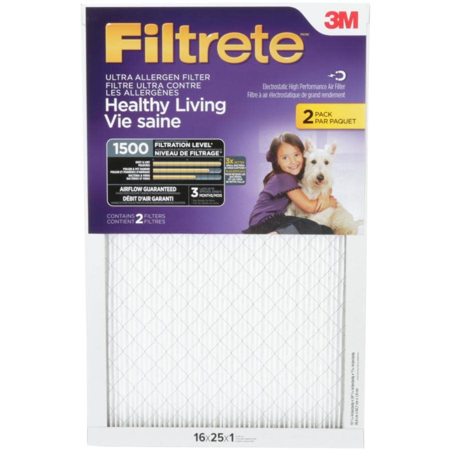 Filtrete 16x25x1, AC Furnace Air Filter, MPR 1500, Healthy Living Ultra Allergen, 2-Pack (exact dimensions 15.69 x 24.69 x 0.78)