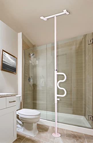 Stander Security Pole and Curve Grab Bar, Elderly Tension Mounted Floor to Ceiling Transfer Pole, Bathroom Safety Assist and Stability Rail, Iceberg White