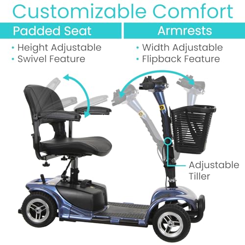 Vive 4 Wheel Mobility Scooter - Electric Powered Wheelchair Device - Compact Heavy Duty Mobile for Travel, Adults, Elderly - Long Range Power Extended Battery with Charger and Basket Included