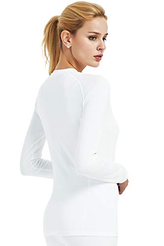COOLOMG Women's Compression Shirts Crewneck Long Sleeve Cool Dry Base Layer Top White Medium