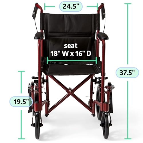 Medline Lightweight Transport Wheelchair with Handbrakes, Folding Transport Chair for Adults has 12 inch Wheels, Red