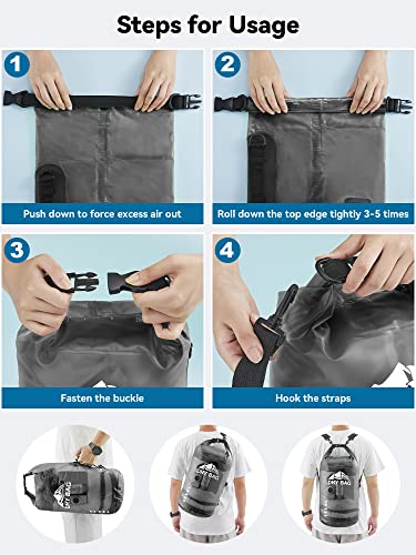 HEETA Waterproof Dry Bag for Women Men, Roll Top Lightweight Dry Storage Bag Backpack with Phone Case for Travel, Swimming, Boating, Kayaking, Camping and Beach, Transparent Black 5L