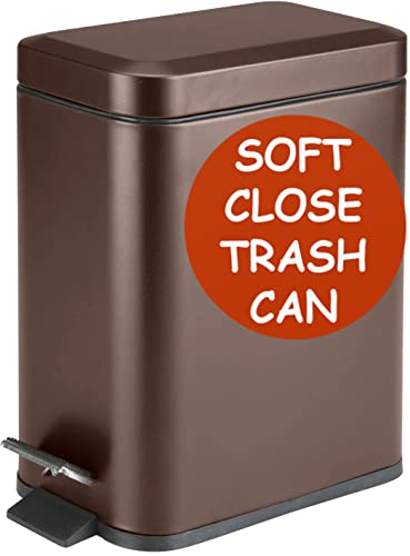 Soft Close, Rectangular Trash Can 5L with Anti - Bag Slip Liner and Lid, Use as Mini Garbage Basket, Slim Dust Bin, or Decor in Bathroom, Restroom, Kitchen, or Bedroom (Bronze)