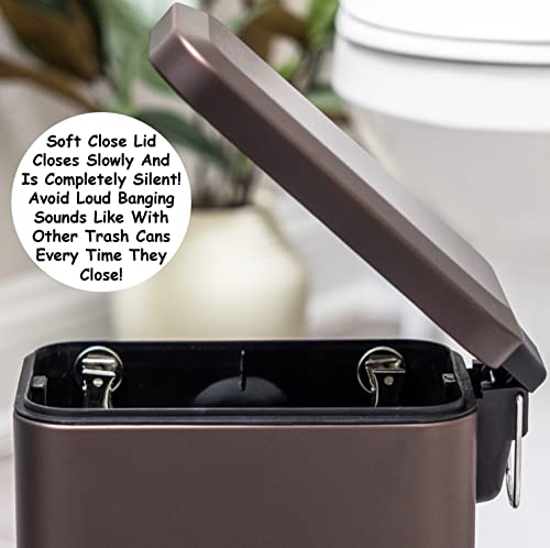 Soft Close, Rectangular Trash Can 5L with Anti - Bag Slip Liner and Lid, Use as Mini Garbage Basket, Slim Dust Bin, or Decor in Bathroom, Restroom, Kitchen, or Bedroom (Bronze)