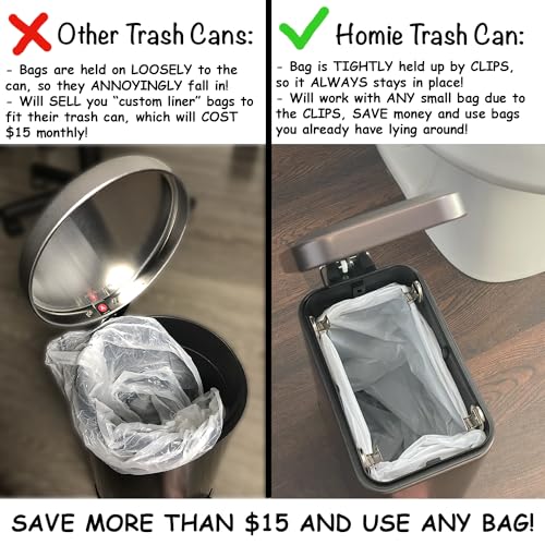 Soft Close, Rectangular Trash Can 5L with Anti - Bag Slip Liner and Lid, Use as Mini Garbage Basket, Slim Dust Bin, or Decor in Bathroom, Restroom, Kitchen, or Bedroom (Bronze)