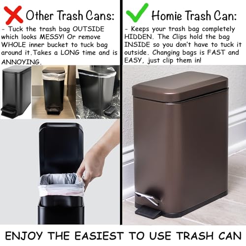 Soft Close, Rectangular Trash Can 5L with Anti - Bag Slip Liner and Lid, Use as Mini Garbage Basket, Slim Dust Bin, or Decor in Bathroom, Restroom, Kitchen, or Bedroom (Bronze)