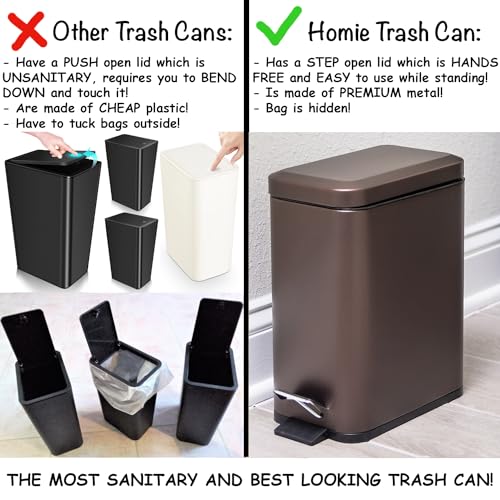 Soft Close, Rectangular Trash Can 5L with Anti - Bag Slip Liner and Lid, Use as Mini Garbage Basket, Slim Dust Bin, or Decor in Bathroom, Restroom, Kitchen, or Bedroom (Bronze)