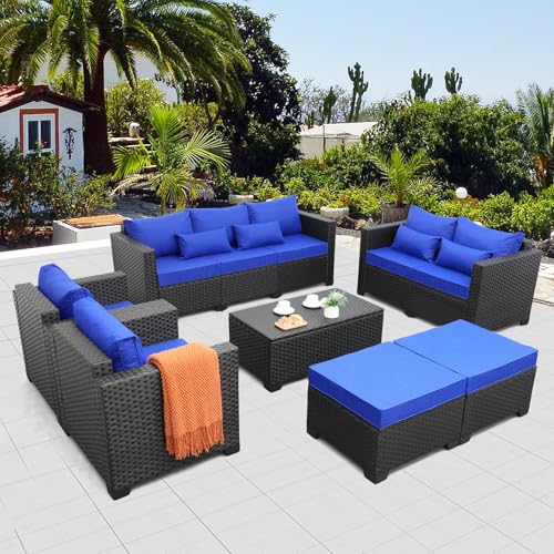 Rattaner Patio PE Wicker Furniture Set 7 Pieces Outdoor Black Rattan Conversation Seat Couch Sofa Chair Set with Royal Blue Cushion and Furniture Covers