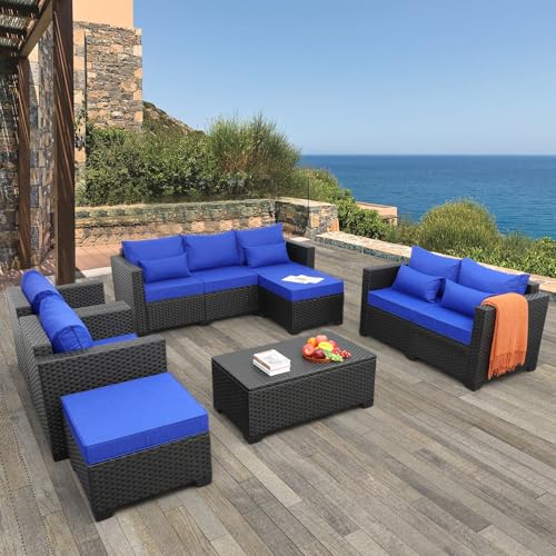 Rattaner Patio PE Wicker Furniture Set 7 Pieces Outdoor Black Rattan Conversation Seat Couch Sofa Chair Set with Royal Blue Cushion and Furniture Covers
