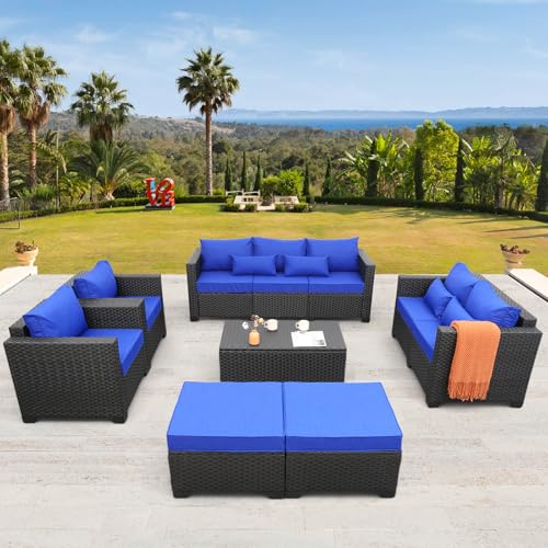 Rattaner Patio PE Wicker Furniture Set 7 Pieces Outdoor Black Rattan Conversation Seat Couch Sofa Chair Set with Royal Blue Cushion and Furniture Covers