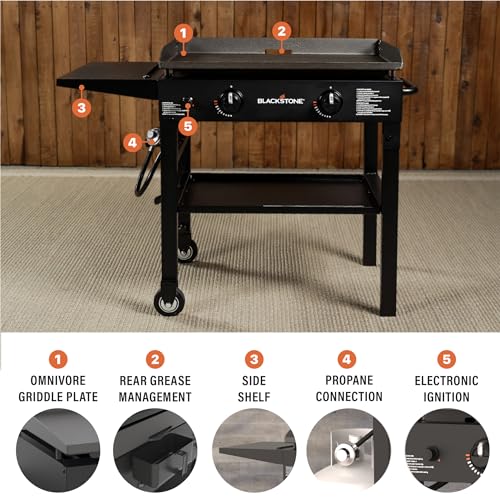 Blackstone Flat Top Gas Grill Griddle 2 Burner Propane Fuelled Rear Grease Management System, 1517, Outdoor Griddle Station for Camping with Built in Cutting Board and Garbage Holder, 28 inch