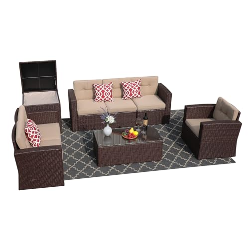 Super Patio 8 Pieces Patio Furniture Set, Outdoor Sectional Sofa, PE Wicker Patio Conversation Sets with Storage Box, Coffee Table, Three Red Pillows, Brown