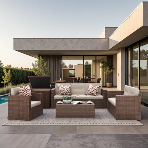 Super Patio 8 Pieces Patio Furniture Set, Outdoor Sectional Sofa, PE Wicker Patio Conversation Sets with Storage Box, Coffee Table, Three Red Pillows, Brown