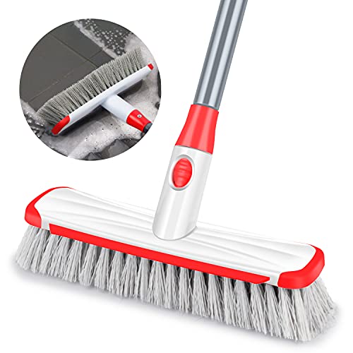 ILAVCOOL Floor Scrub Brush with Long Handle Adjustable, 2 in 1 Scrape and Brush Stiff Bristle Scrubber Brush Shower Cleaning Brush for Deck, Bathroom, Kitchen, Tub, Patio, Tile, Grout