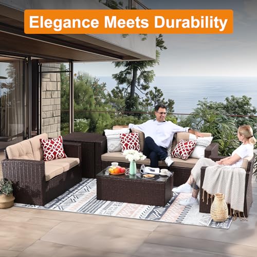 Super Patio 8 Pieces Patio Furniture Set, Outdoor Sectional Sofa, PE Wicker Patio Conversation Sets with Storage Box, Coffee Table, Three Red Pillows, Brown