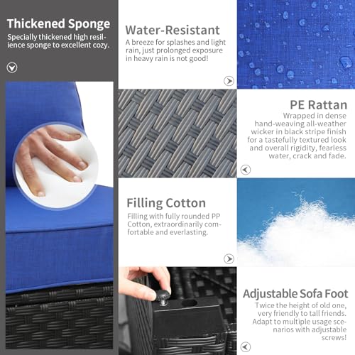 Rattaner Patio PE Wicker Furniture Set 7 Pieces Outdoor Black Rattan Conversation Seat Couch Sofa Chair Set with Royal Blue Cushion and Furniture Covers