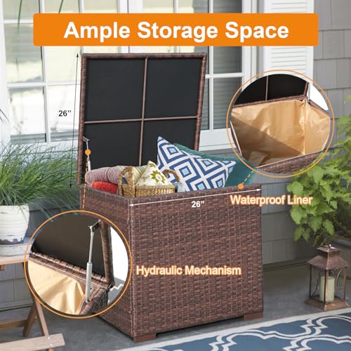 Super Patio 8 Pieces Patio Furniture Set, Outdoor Sectional Sofa, PE Wicker Patio Conversation Sets with Storage Box, Coffee Table, Three Red Pillows, Brown