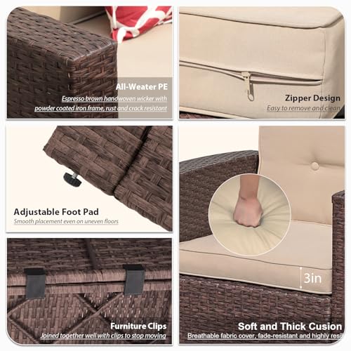 Super Patio 8 Pieces Patio Furniture Set, Outdoor Sectional Sofa, PE Wicker Patio Conversation Sets with Storage Box, Coffee Table, Three Red Pillows, Brown