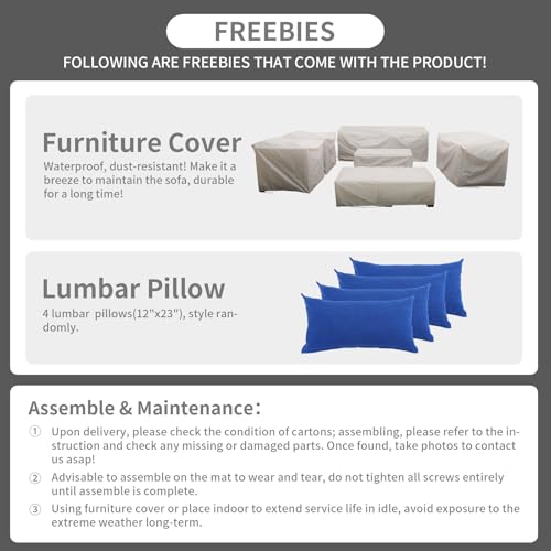 Rattaner Patio PE Wicker Furniture Set 7 Pieces Outdoor Black Rattan Conversation Seat Couch Sofa Chair Set with Royal Blue Cushion and Furniture Covers