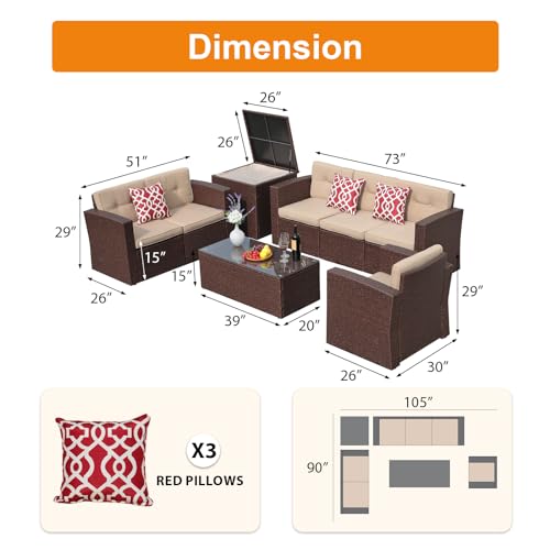 Super Patio 8 Pieces Patio Furniture Set, Outdoor Sectional Sofa, PE Wicker Patio Conversation Sets with Storage Box, Coffee Table, Three Red Pillows, Brown