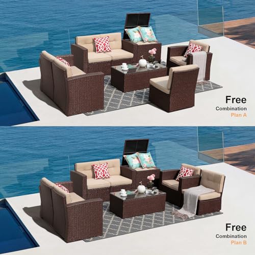 Super Patio 8 Pieces Patio Furniture Set, Outdoor Sectional Sofa, PE Wicker Patio Conversation Sets with Storage Box, Coffee Table, Three Red Pillows, Brown