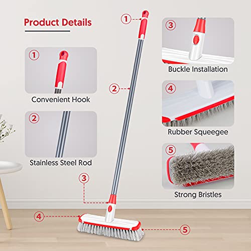 ILAVCOOL Floor Scrub Brush with Long Handle Adjustable, 2 in 1 Scrape and Brush Stiff Bristle Scrubber Brush Shower Cleaning Brush for Deck, Bathroom, Kitchen, Tub, Patio, Tile, Grout