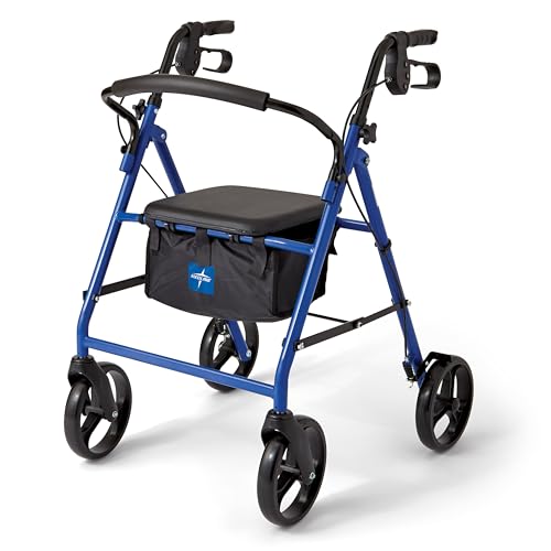 Medline Standard Steel Folding Rollator Walker with 8" Wheels, Supports up to 350 lbs, Blue