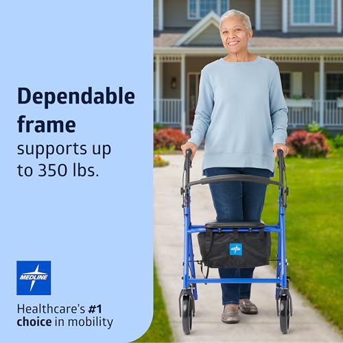 Medline Standard Steel Folding Rollator Walker with 8" Wheels, Supports up to 350 lbs, Blue