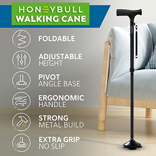 HONEYBULL Walking Cane for Men & Women - Free Standing Cane, Foldable, Pivot Tip, Heavy Duty, with Travel Bag | Walking Sticks, Canes for Seniors & Adults [Black]