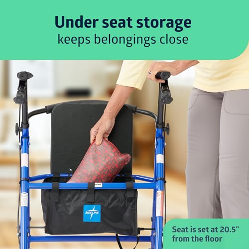 Medline Standard Steel Folding Rollator Walker with 8" Wheels, Supports up to 350 lbs, Blue