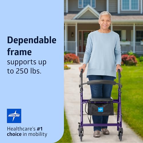 Medline Aluminum Rollator Walker with Seat, Folding Mobility Rolling Walker has 6 inch Wheels, Purple
