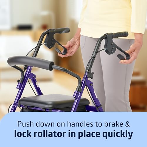 Medline Aluminum Rollator Walker with Seat, Folding Mobility Rolling Walker has 6 inch Wheels, Purple