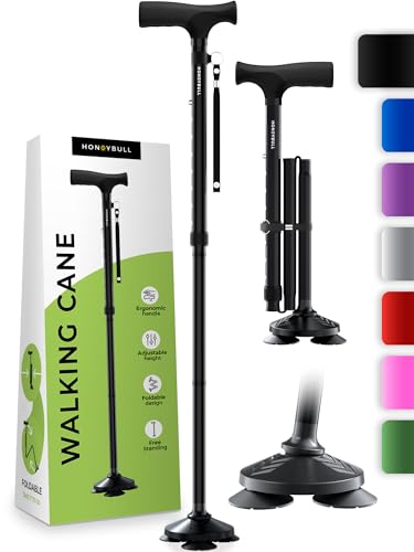 HONEYBULL Walking Cane for Men & Women - Free Standing Cane, Foldable, Pivot Tip, Heavy Duty, with Travel Bag | Walking Sticks, Canes for Seniors & Adults [Black]