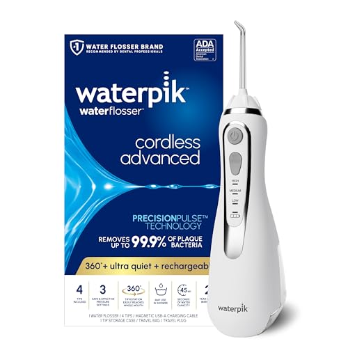 Waterpik Cordless Advanced Water Flosser For Teeth, Gums, Braces, Dental Care With Travel Bag and 4 Tips, ADA Accepted, Rechargeable, Portable, and Waterproof, White WP-560