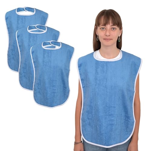 3 Pack Elaine Karen Premium Adult Bibs - bibs for adults Men, Women; Eating Cloth for Elderly Seniors and Disabled, Adjustable, Terry bib Clothing Protectors, Machine Washable, Blue