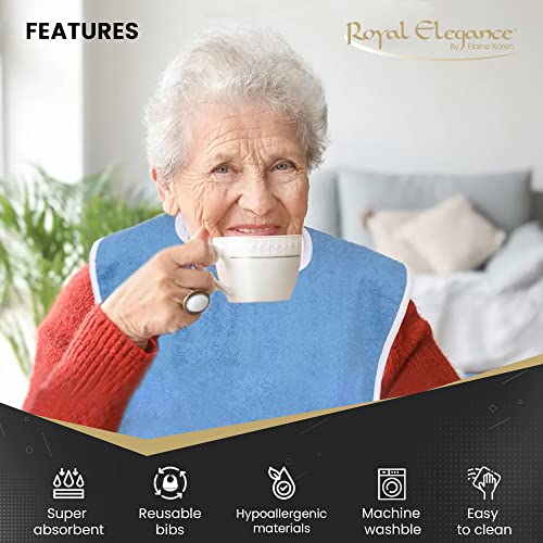 3 Pack Elaine Karen Premium Adult Bibs - bibs for adults Men, Women; Eating Cloth for Elderly Seniors and Disabled, Adjustable, Terry bib Clothing Protectors, Machine Washable, Blue
